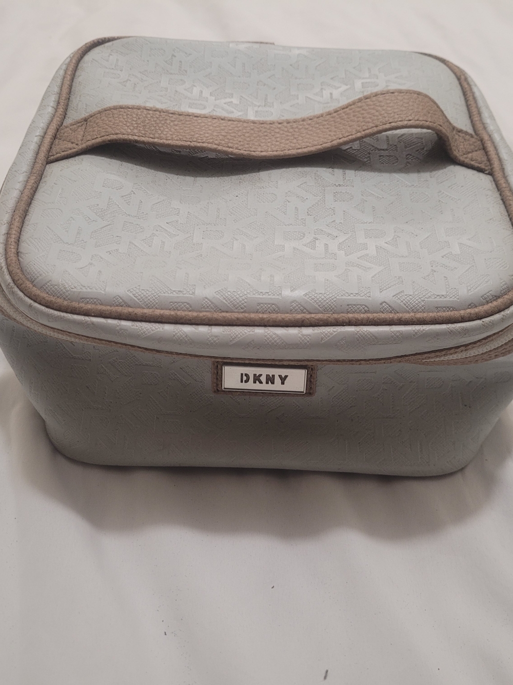 DKNY Monogram Cosmetic Case in Light Gray with Taupe Trim